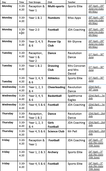 Summer term activity club timetable